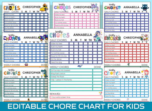 Chore Champions: 8 Fun and Editable Chore Charts for 7 Year Old - Instant PDF Download