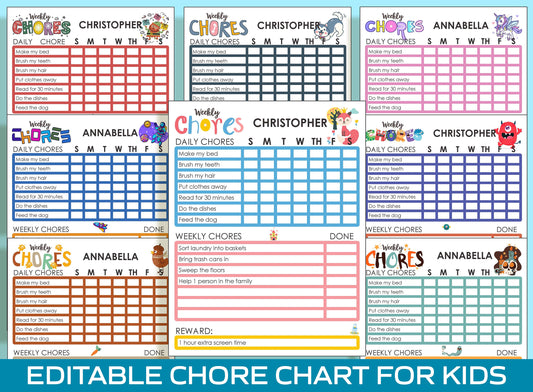 Fun and Easy Chore Charts for Kids: 8 Adorable Designs for 10 Year Old - Printable and Editable, PDF File, Instant Download