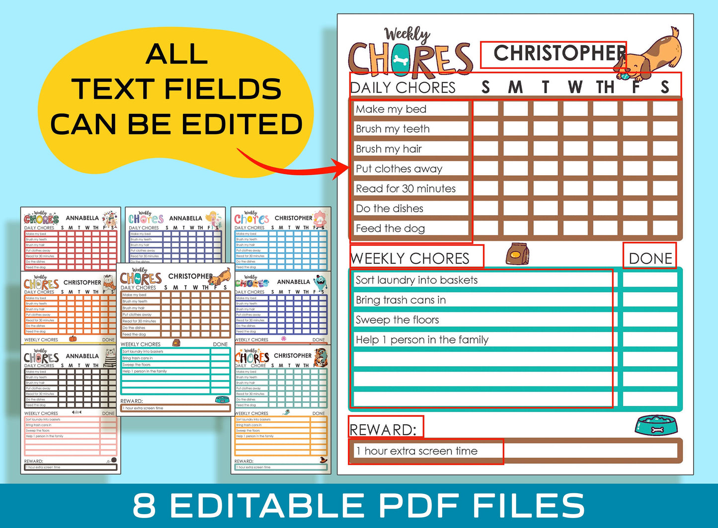 Fun and Functional Chore Chart for Teens: 8 Adorable Designs, Printable and Editable PDFs for Instant Download