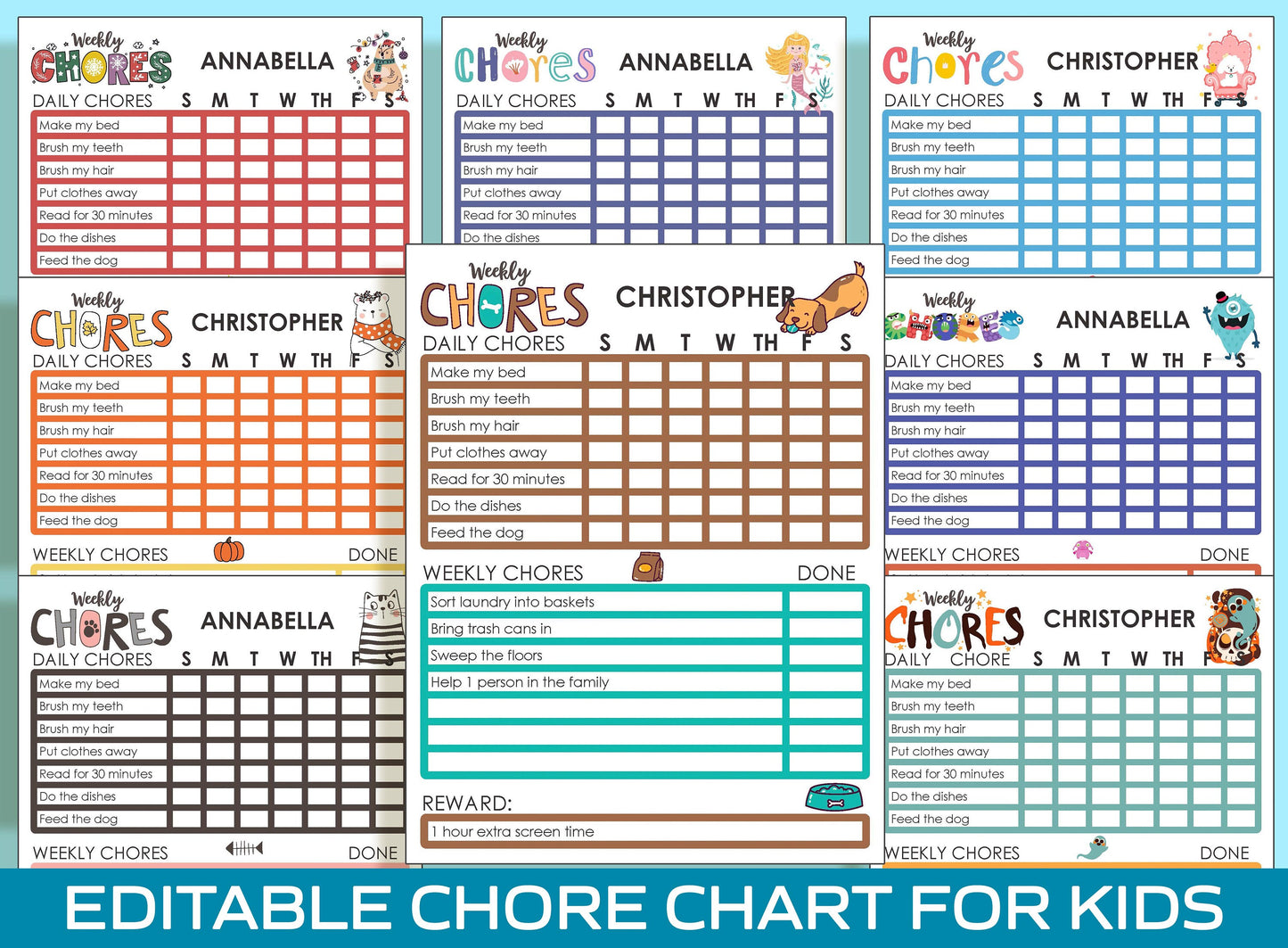 Fun and Functional Chore Chart for Teens: 8 Adorable Designs, Printable and Editable PDFs for Instant Download