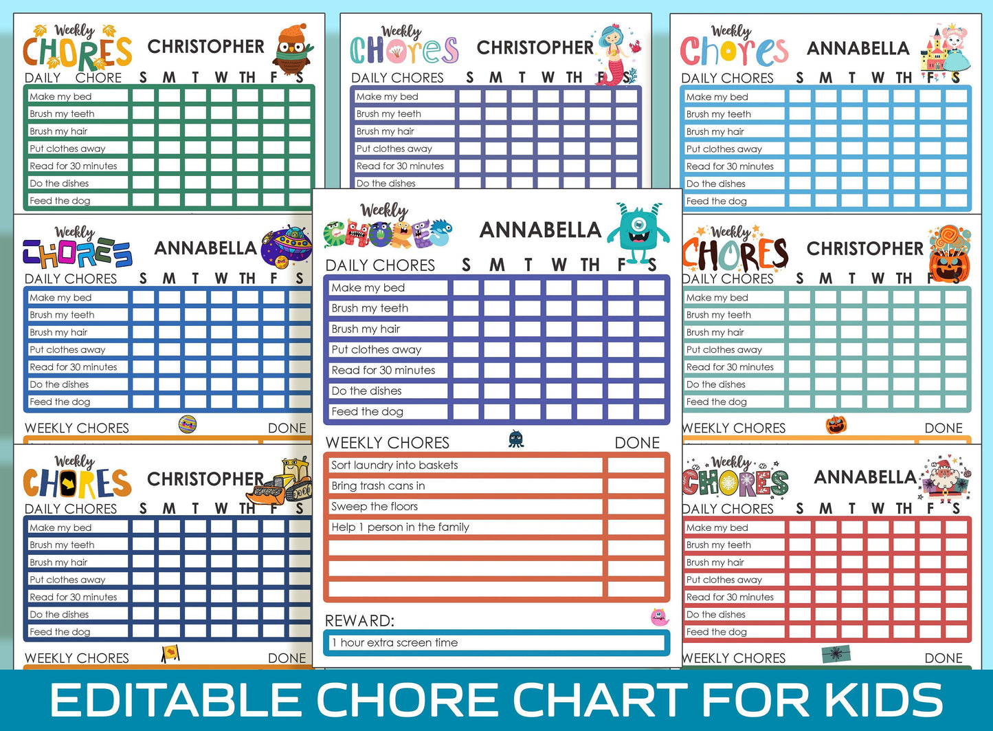 Streamline Your Household Tasks with a Printable and Editable Chore List Template, 8 Cute Designs, PDF File, Instant Download