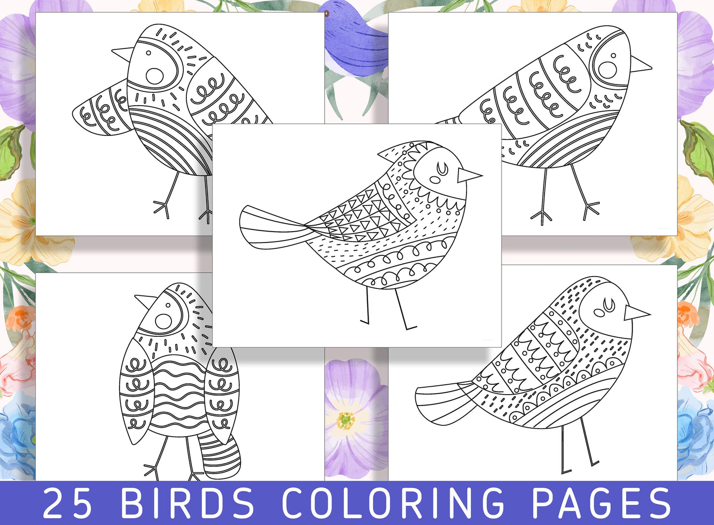 Colorful World of Birds: 25 Pages of Avian Beauty to Color, PDF File, Instant Download