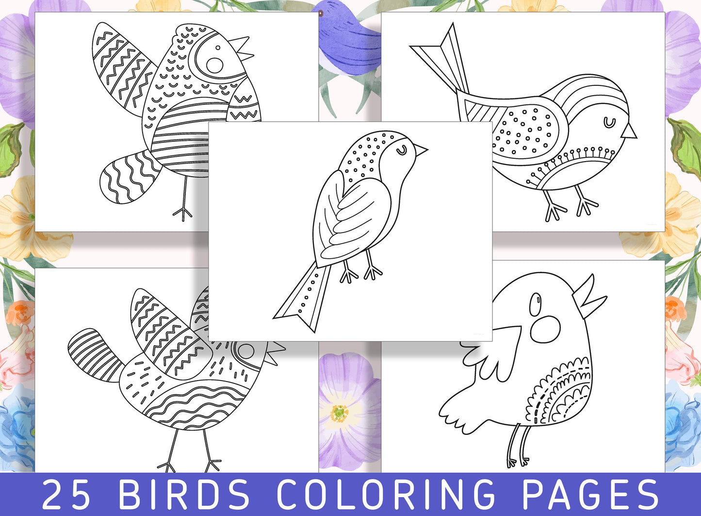 Colorful World of Birds: 25 Pages of Avian Beauty to Color, PDF File, Instant Download