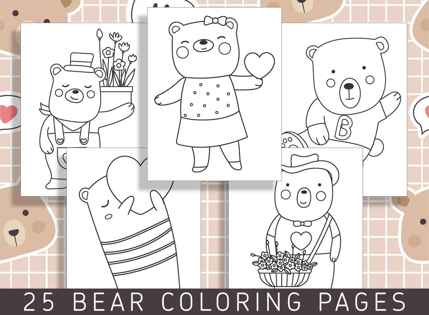 25 Adorable Bear Coloring Pages for Preschool and Kindergarten Kids, PDF File, Instant Download
