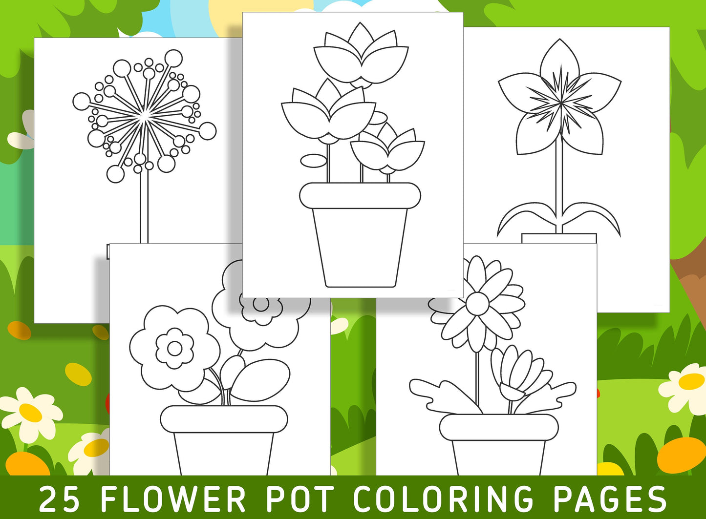 25 Fun and Creative Flower Pot Coloring Pages for Preschool and Kindergarten Kids, PDF File, Instant Download