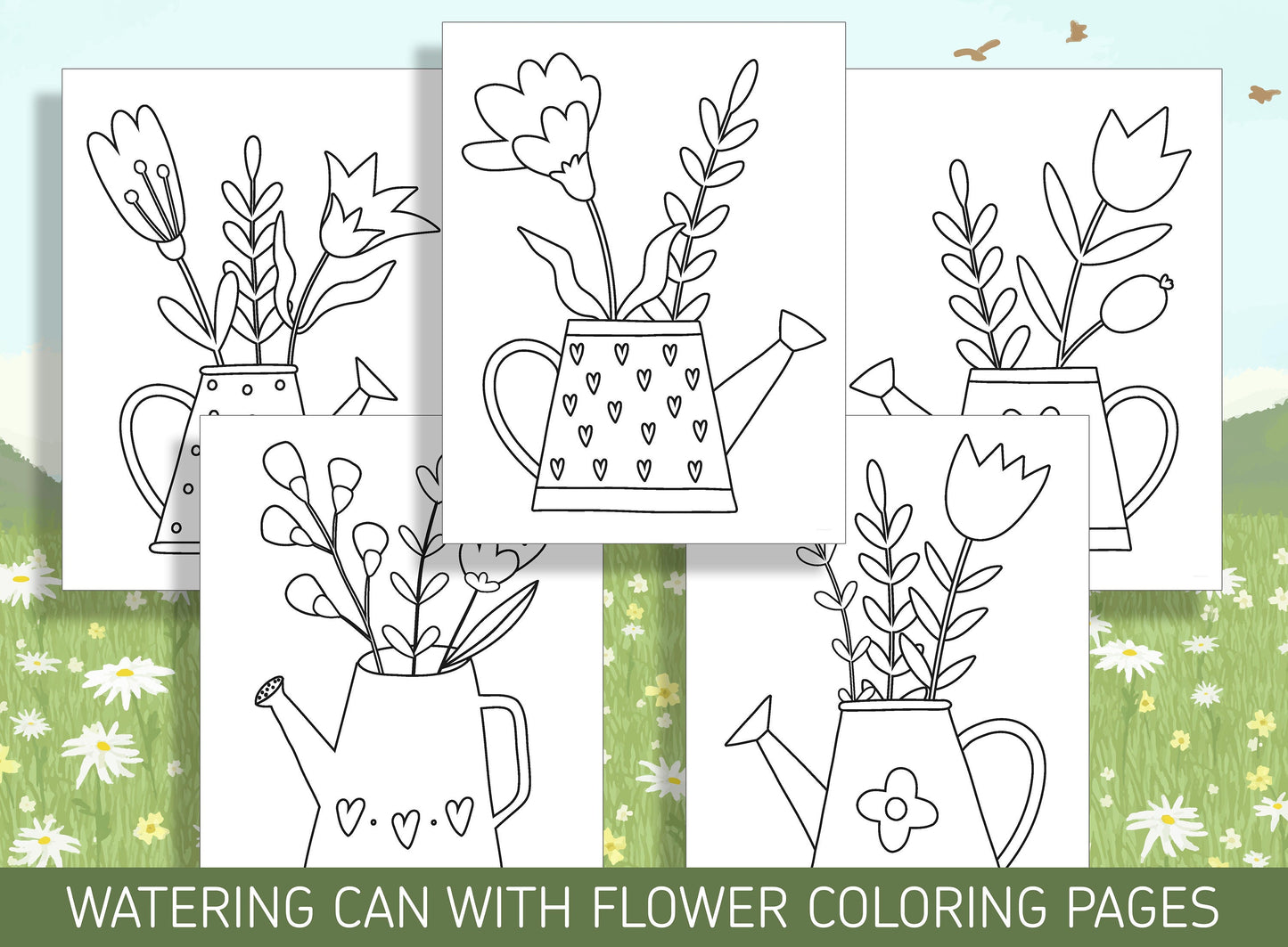 15 Beautiful Watering Can with Flower Coloring Pages for a Relaxing Activity, PDF File, Instant Download