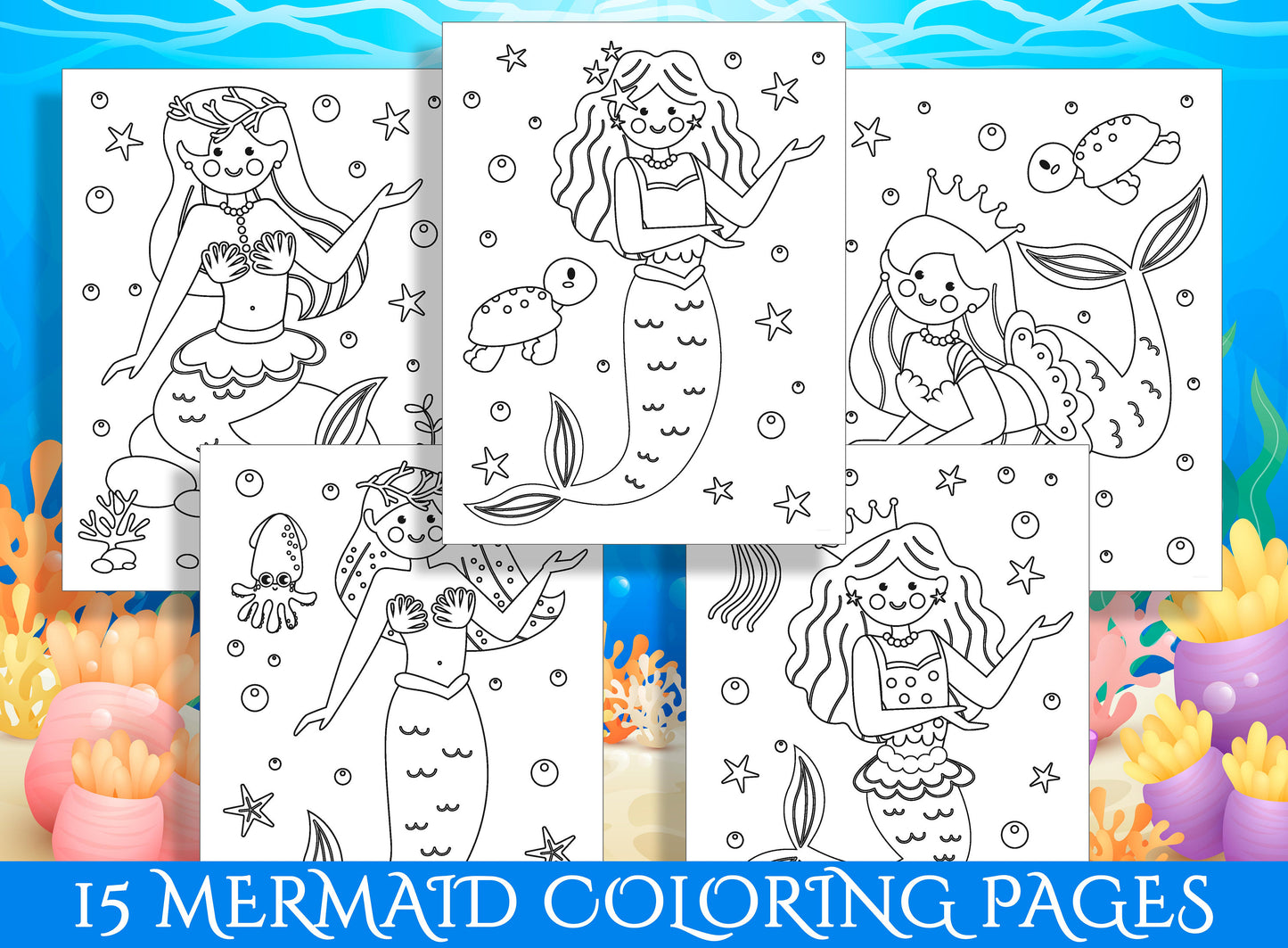 Under the Sea: A Mermaid Coloring Adventure for Preschool and Kindergarten - 15 Pages of Ocean Fun! - PDF File, Instant Download