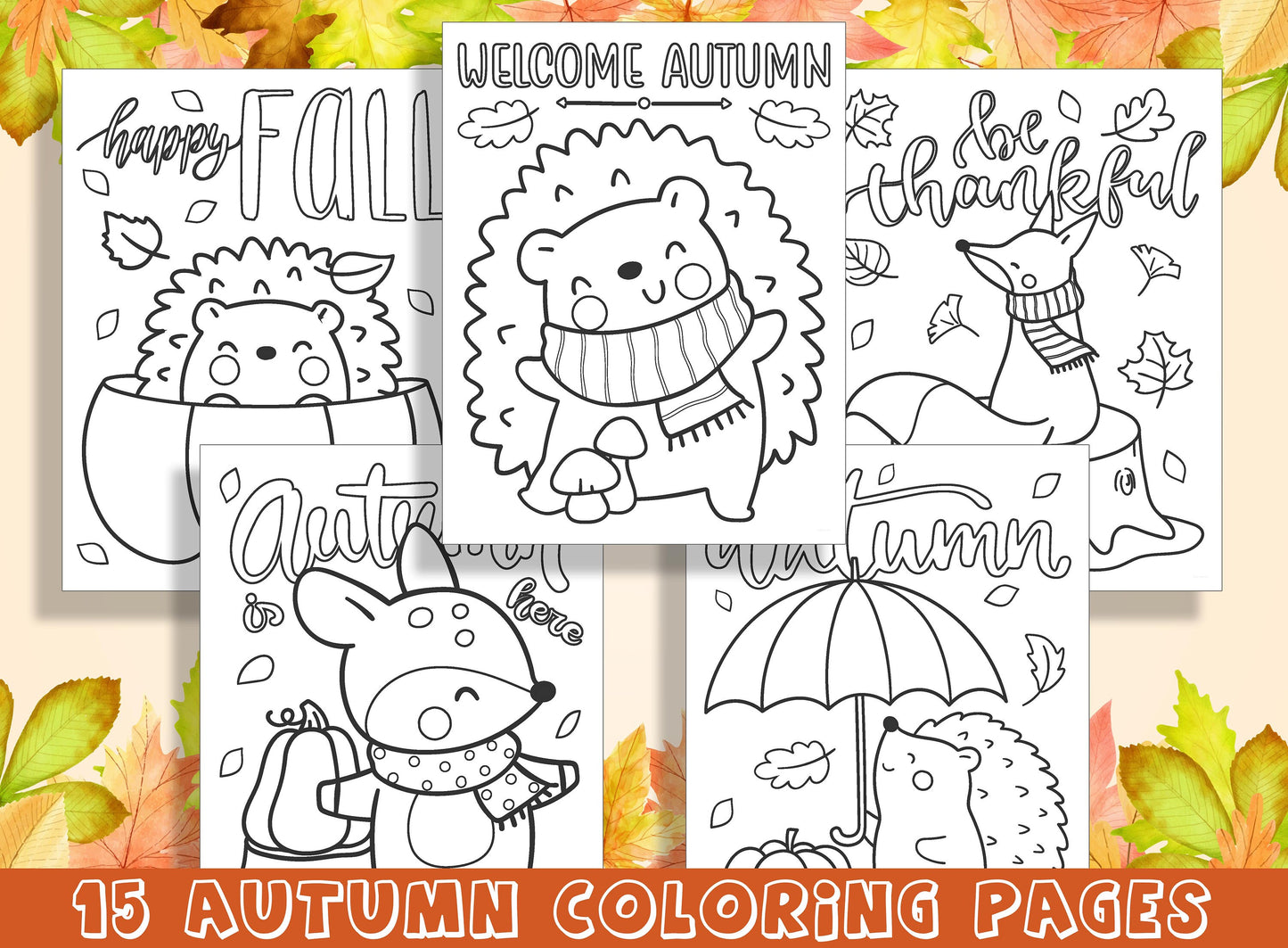 15 Beautiful Autumn Coloring Pages for Preschool and Kindergarten Kids, PDF File, Instant Download