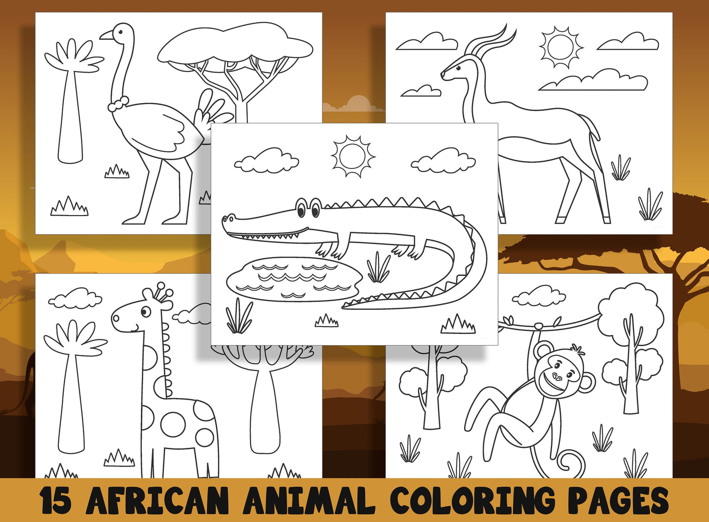 15 Fun and Educational African Animal Coloring Pages for Preschool and Kindergarten Kids, PDF File, Instant Download