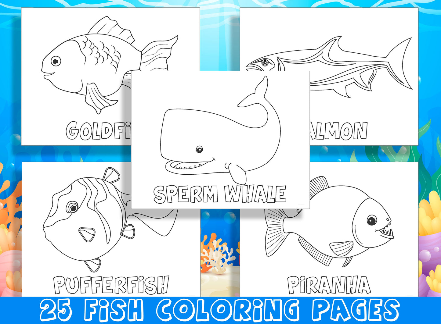 Fish Coloring Pages, 25 Colorful Pages of Underwater Friends to Color and Name, PDF File, Instant Download