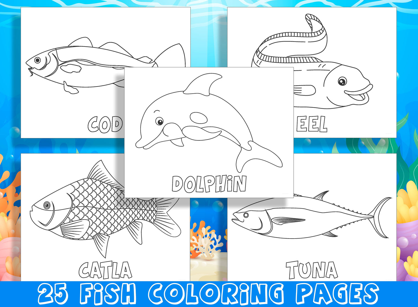 Fish Coloring Pages, 25 Colorful Pages of Underwater Friends to Color and Name, PDF File, Instant Download