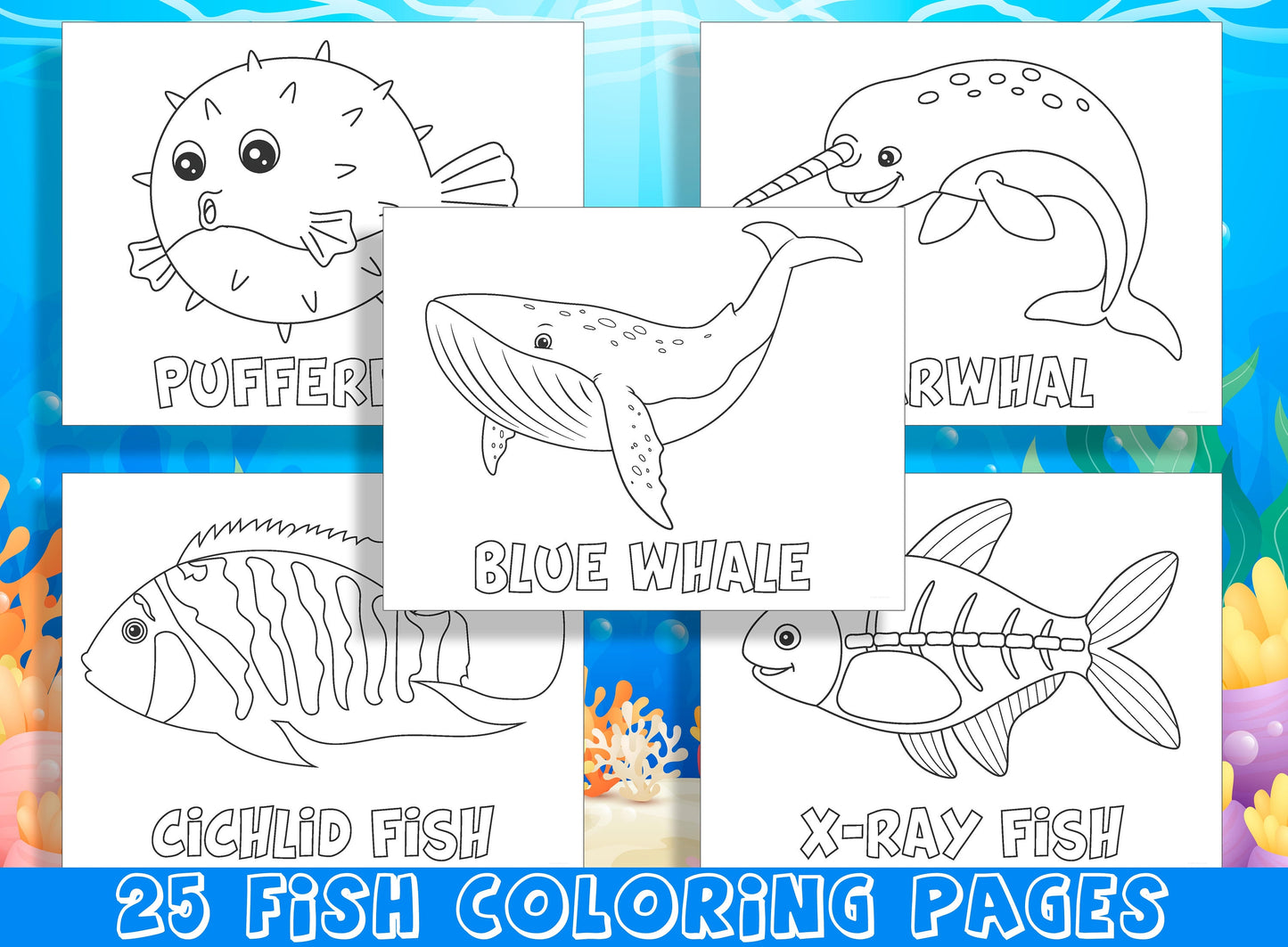 Fish Coloring Pages, 25 Colorful Pages of Underwater Friends to Color and Name, PDF File, Instant Download