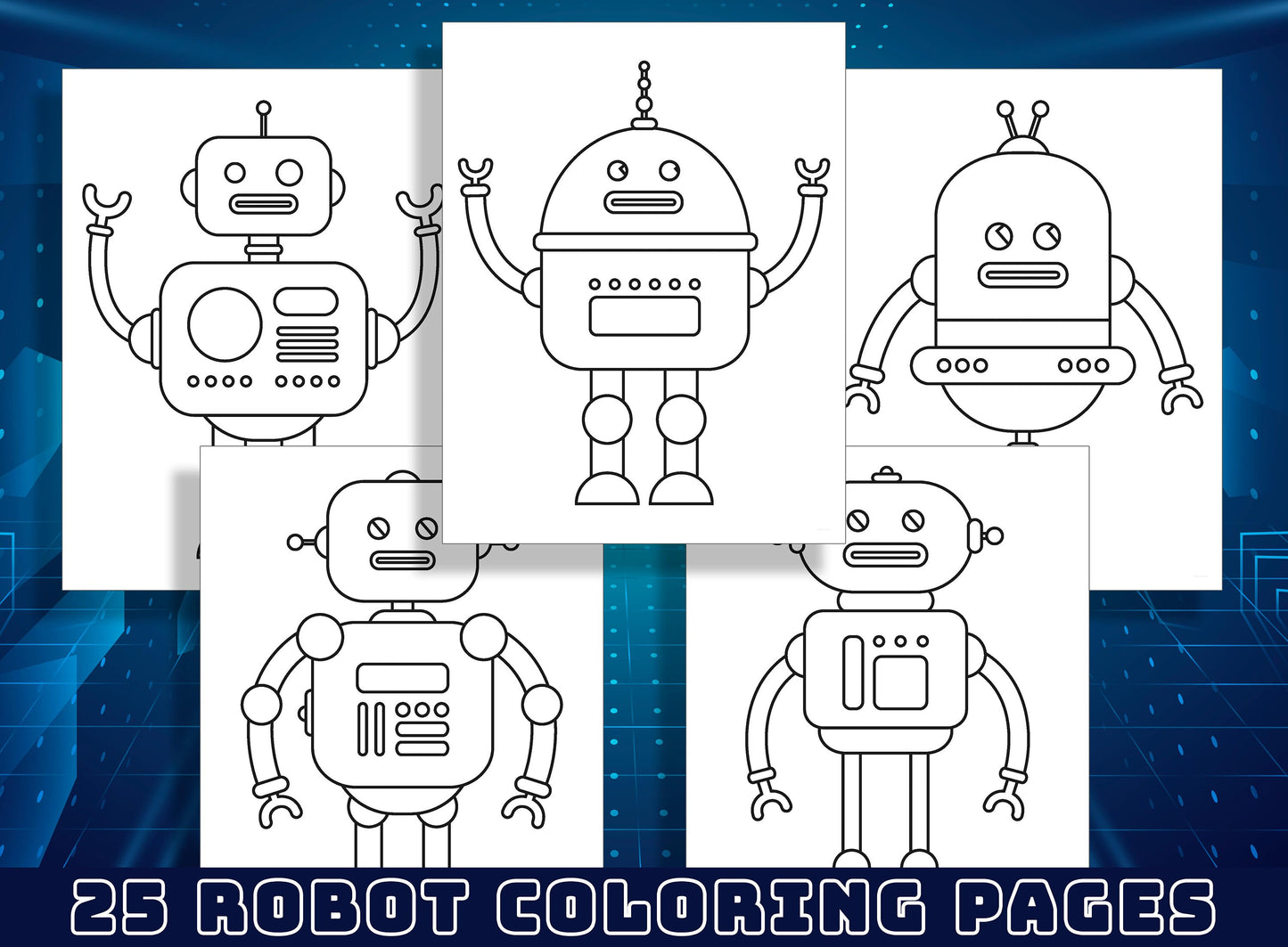 25 Fun Robot Coloring Pages for Preschool and Kindergarten Kids, PDF File, Instant Download