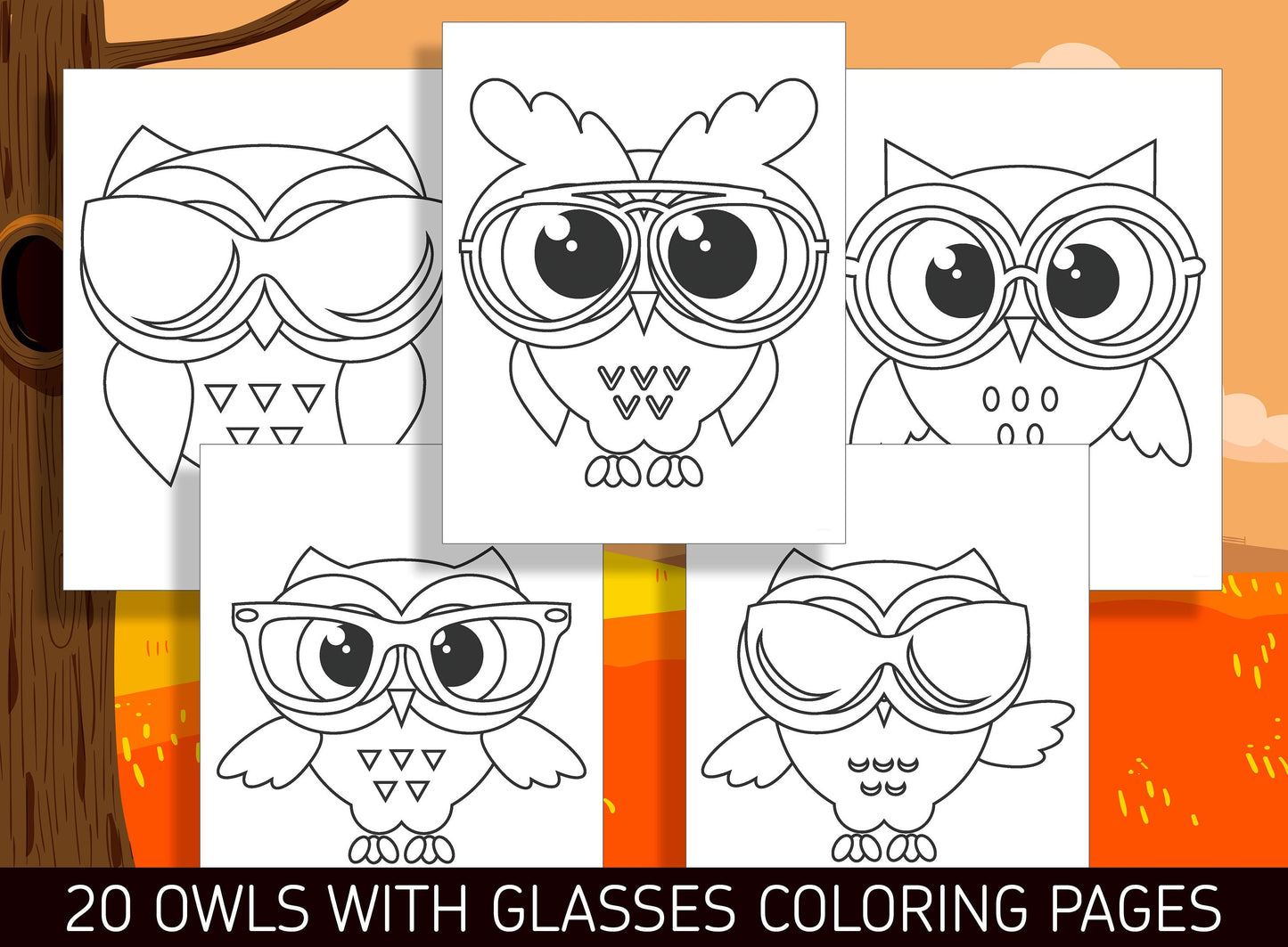 20 Adorable Owl with Glasses Coloring Pages for Preschool and Kindergarten Kids, PDF File, Instant Download