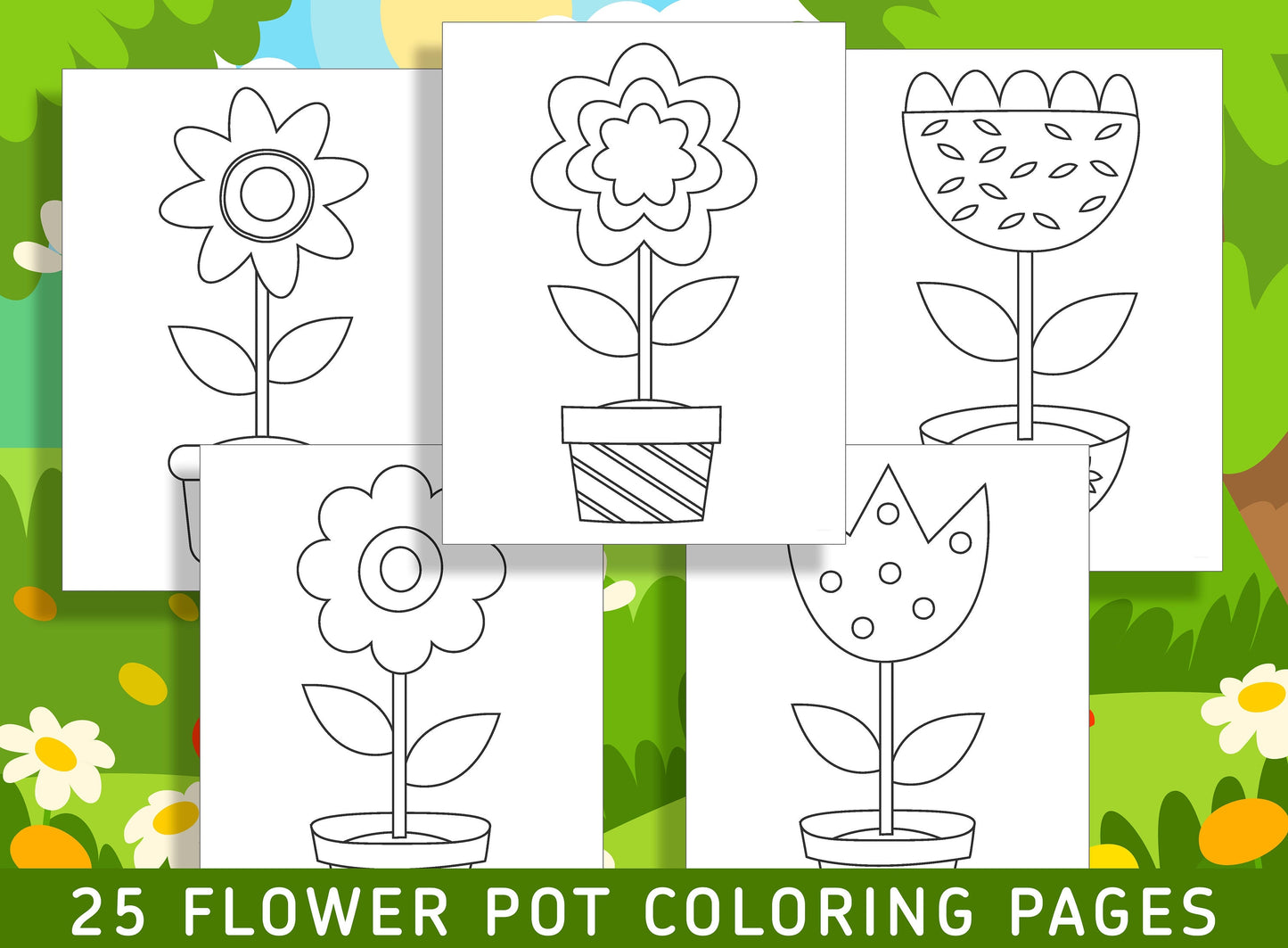 25 Fun and Creative Flower Pot Coloring Pages for Preschool and Kindergarten Kids, PDF File, Instant Download