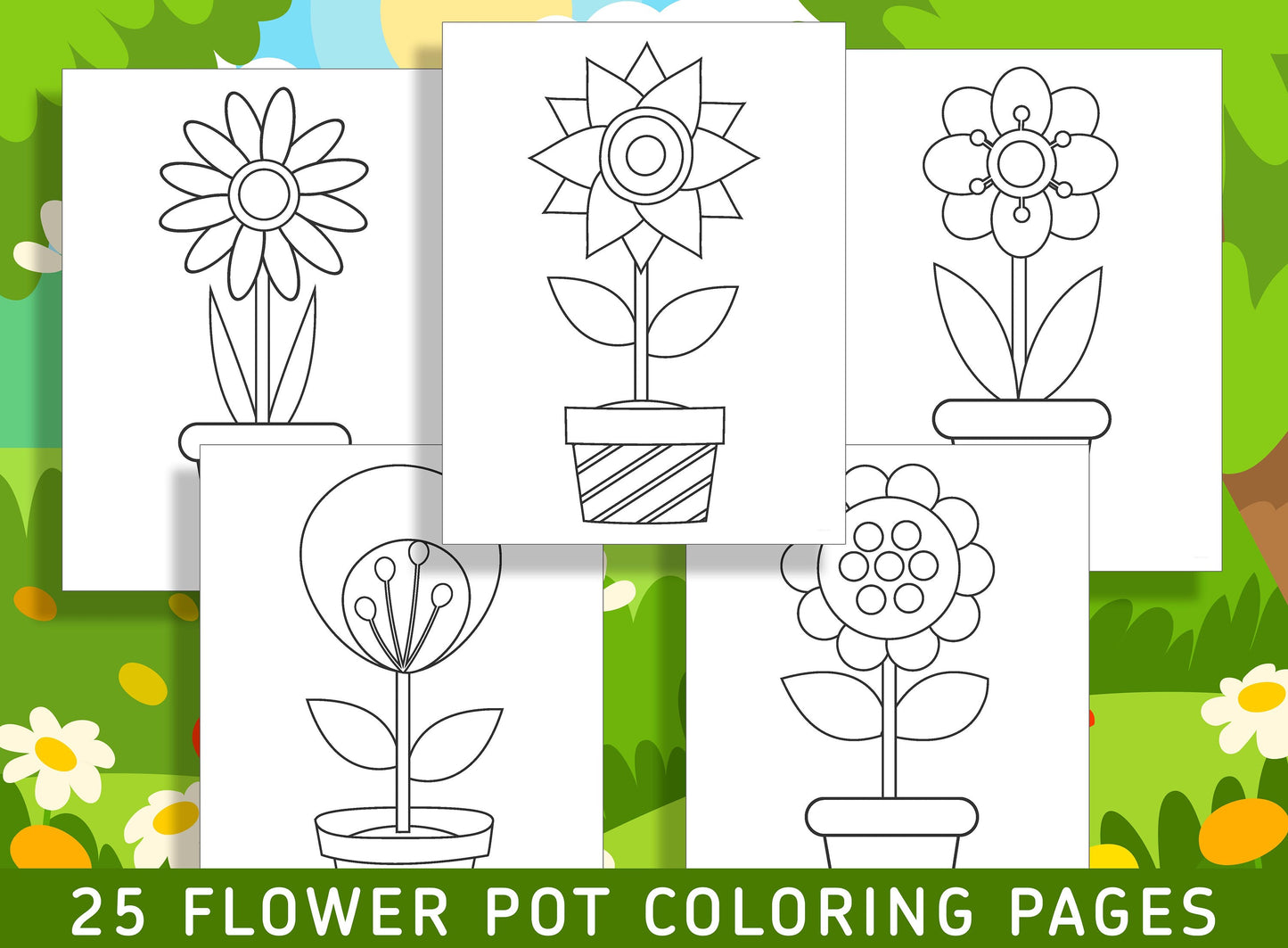 25 Fun and Creative Flower Pot Coloring Pages for Preschool and Kindergarten Kids, PDF File, Instant Download