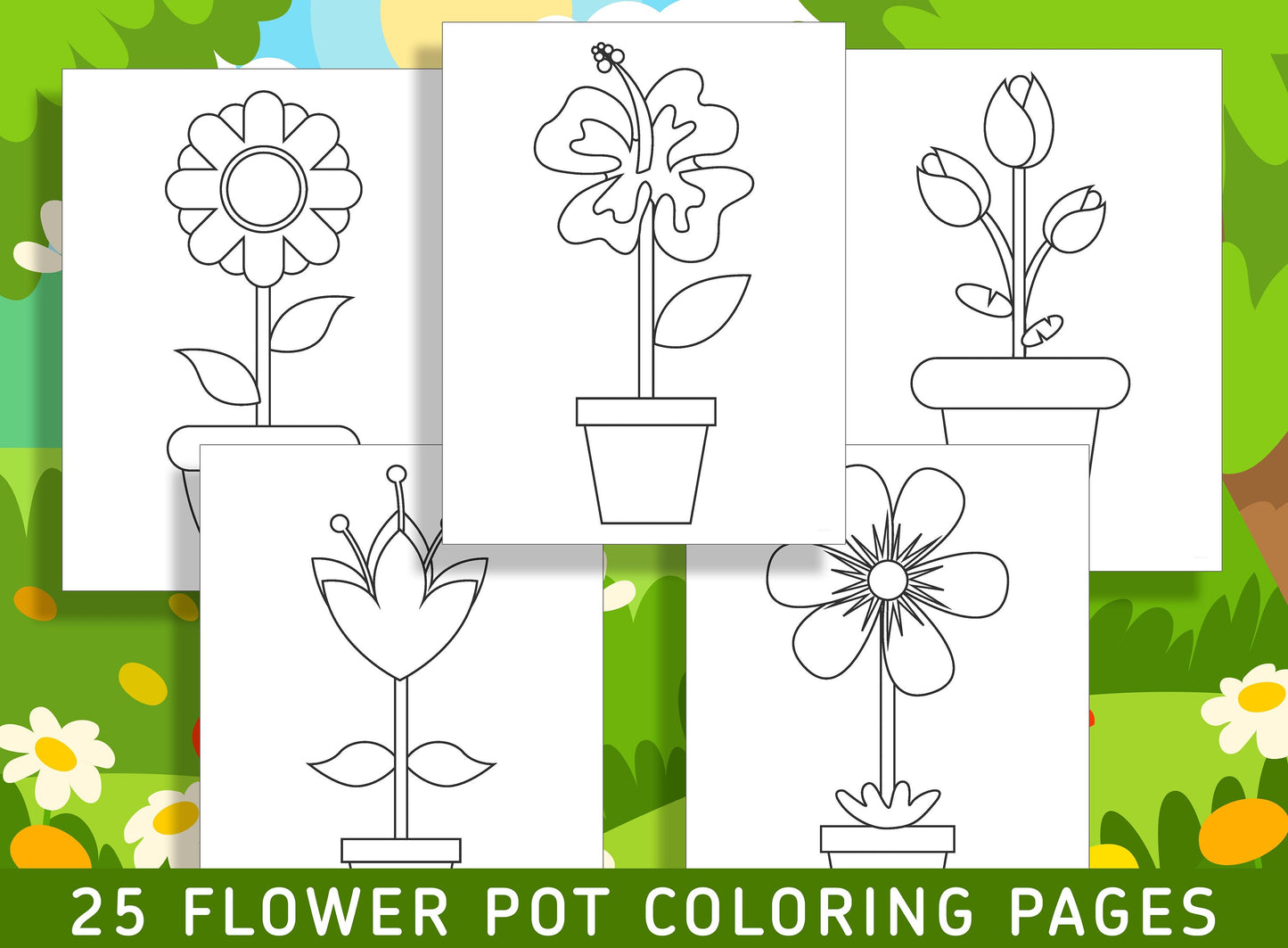25 Fun and Creative Flower Pot Coloring Pages for Preschool and Kindergarten Kids, PDF File, Instant Download