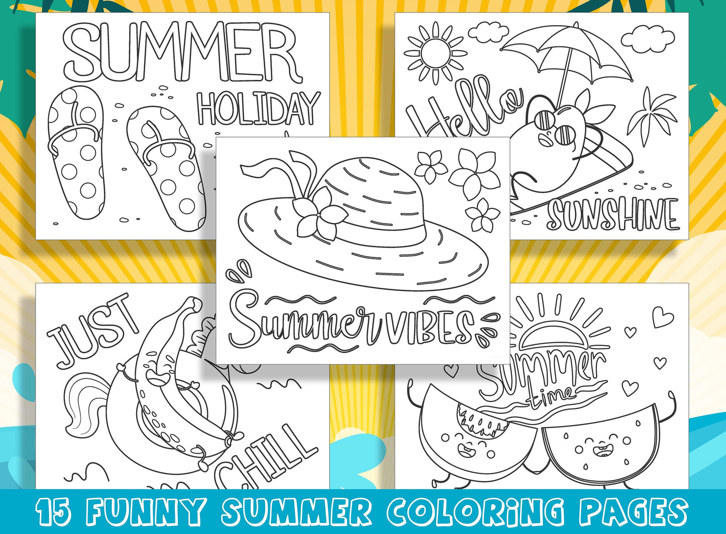 Sun, Sand, and Scribbles: 15 Funny and Cute Summer Coloring Pages, PDF File, Instant Download