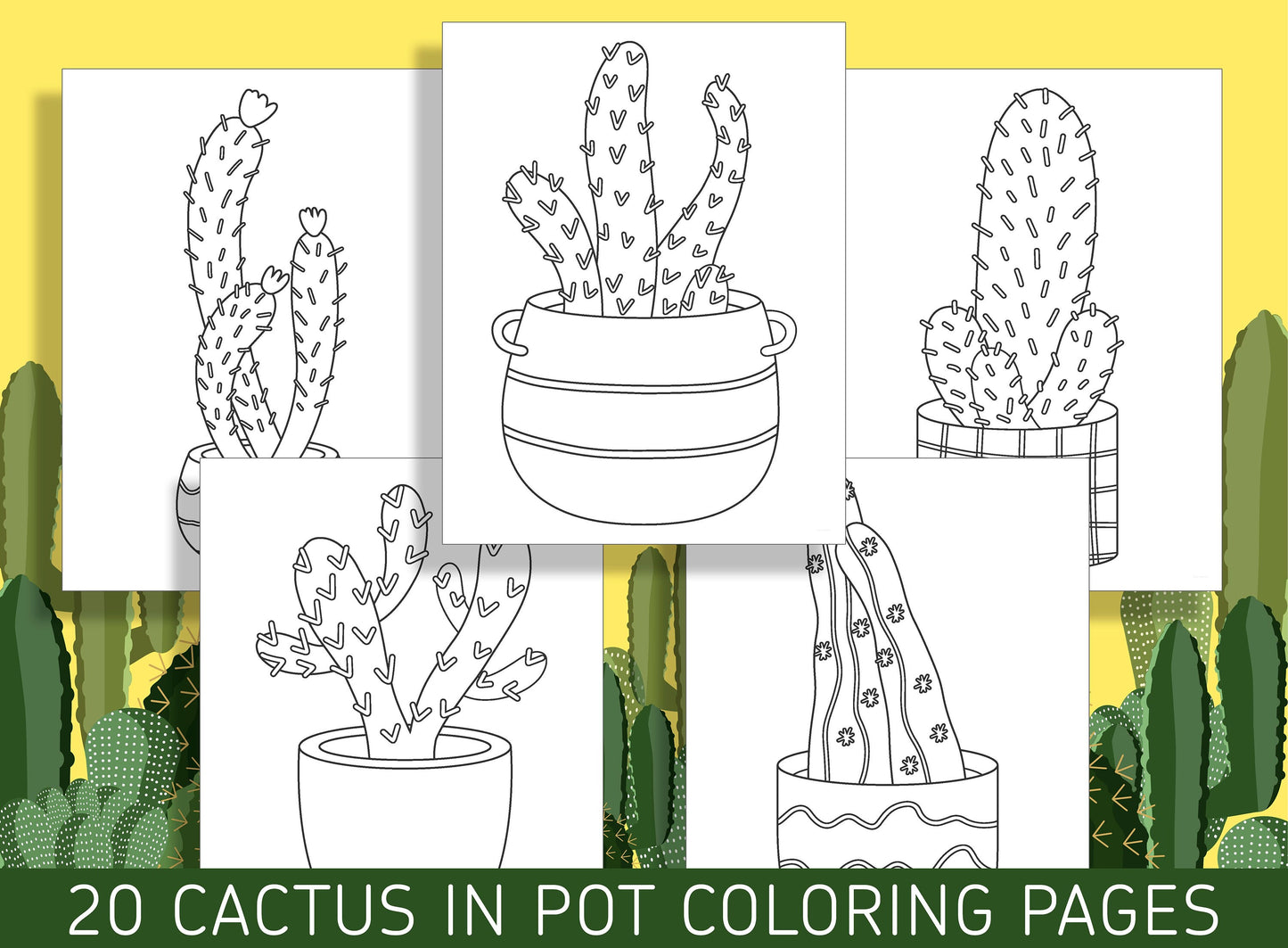 Cute and Spiky: 20 Potted Cactus Coloring Pages, PDF File, Instant Download