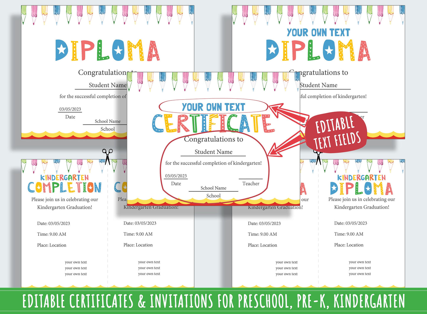 Fun and Colorful Certificate and Invitation Collection: 37 Editable Pages for Preschool & Elementary School Kids, PDF File, Instant Download
