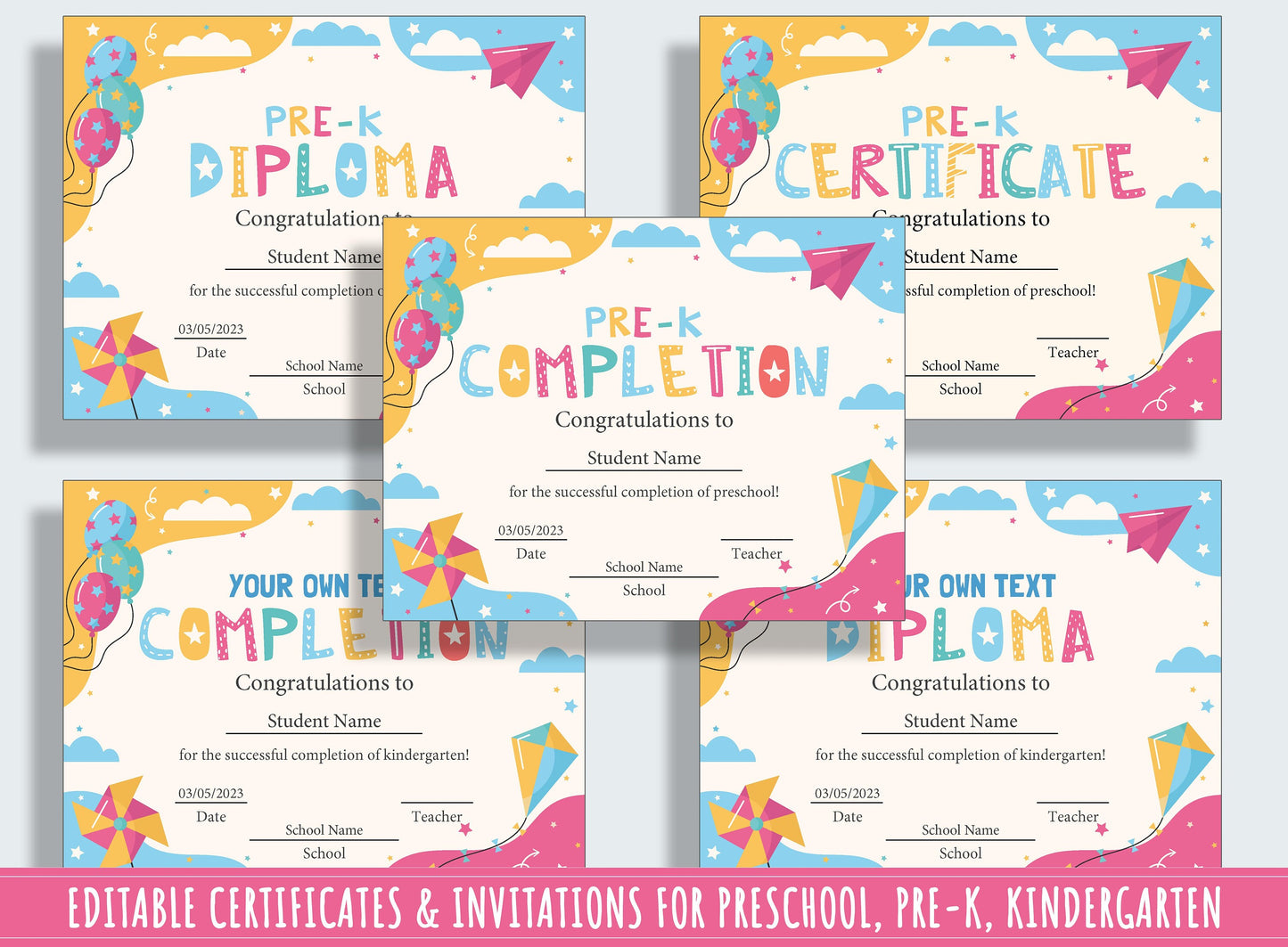 Preschool and Kindergarten End of Year Celebration Kit: 37 Editable Pages for Certificates, Diplomas, and Invitations, Instant Download
