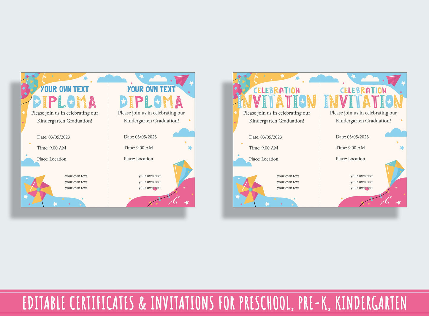 Preschool and Kindergarten End of Year Celebration Kit: 37 Editable Pages for Certificates, Diplomas, and Invitations, Instant Download