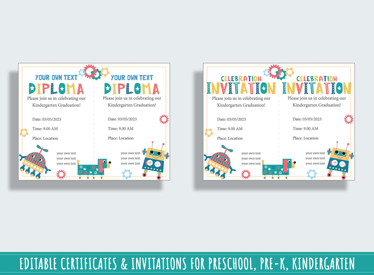 Robot-Themed Preschool and Kindergarten End-of-Year Celebration Kit: 37 Editable Pages for Certificates, Diplomas, and Invitations, PDF File