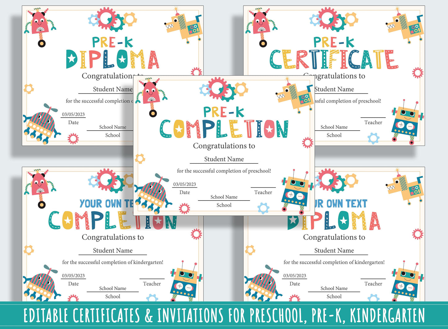 Robot-Themed Preschool and Kindergarten End-of-Year Celebration Kit: 37 Editable Pages for Certificates, Diplomas, and Invitations, PDF File