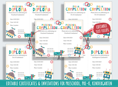 Robot-Themed Preschool and Kindergarten End-of-Year Celebration Kit: 37 Editable Pages for Certificates, Diplomas, and Invitations, PDF File