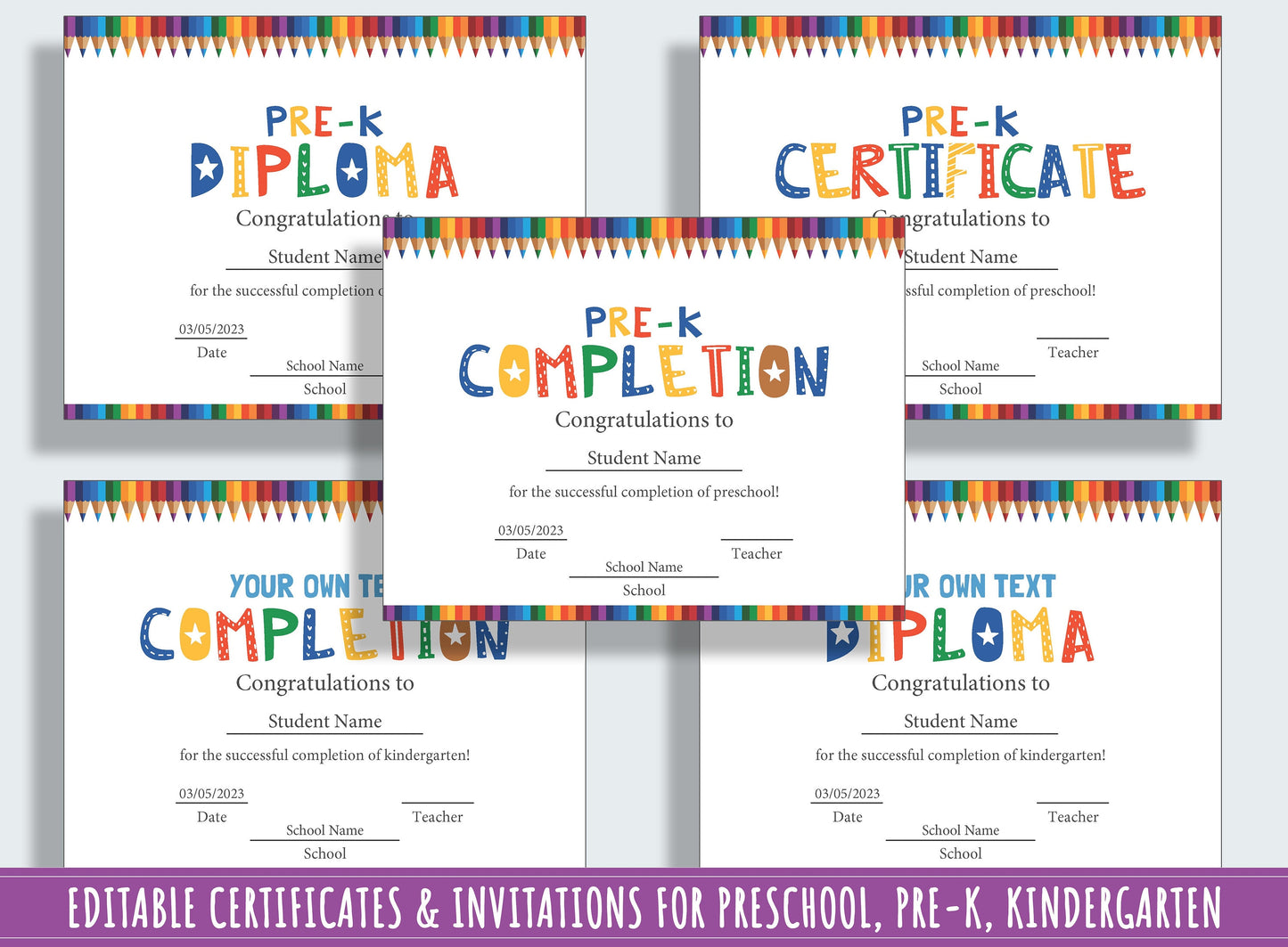 Preschool and Kindergarten Diploma, Certificate, and Invitation Templates - 37 Editable Pages, PDF File, Instant Download
