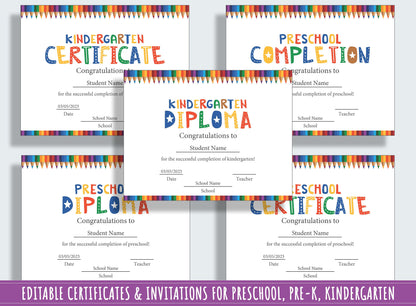Preschool and Kindergarten Diploma, Certificate, and Invitation Templates - 37 Editable Pages, PDF File, Instant Download