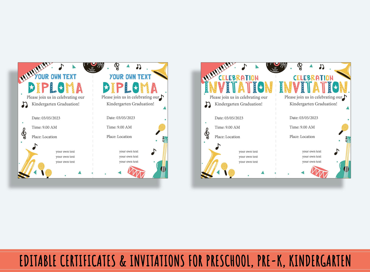 Customizable Diplomas, Certificates, and Invitations for Preschool and Kindergarten Graduations - 37 Pages, PDF File Instant Download