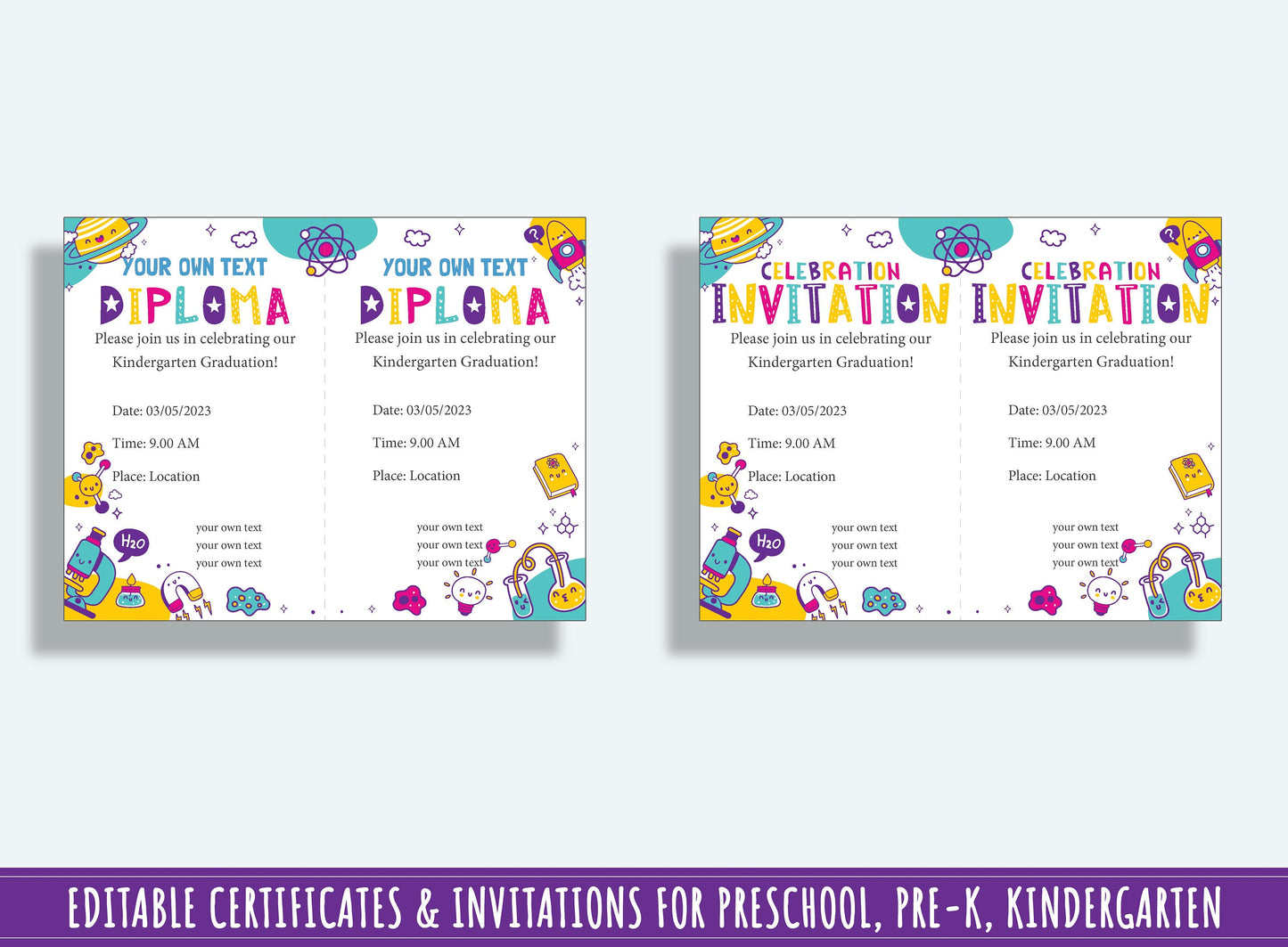 Customizable Science Diplomas, Certificates, and Invitations for Preschool and Kindergarten Graduations, 37 Pages, PDF File Instant Download