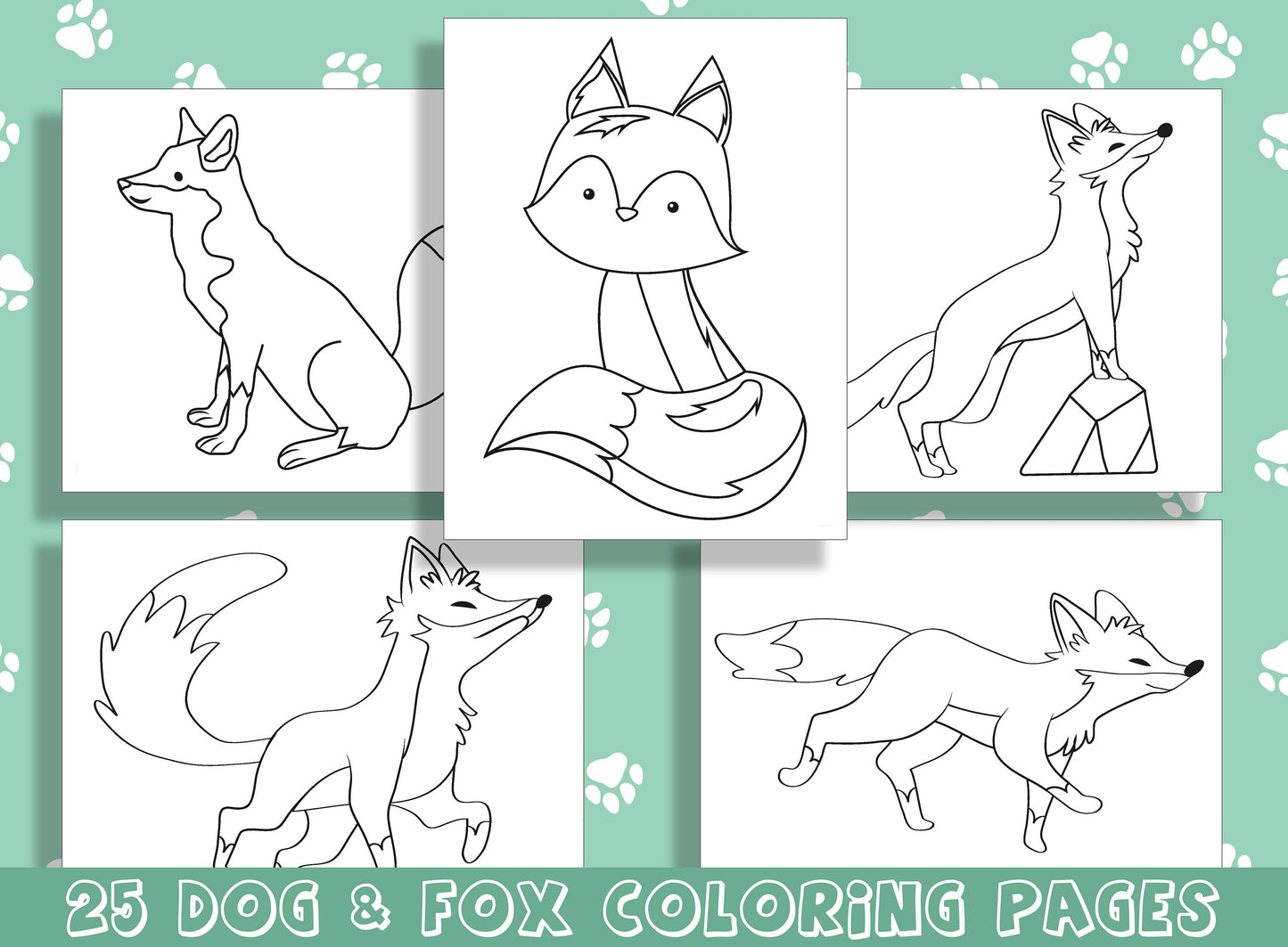 Dog and Fox Coloring Book, Adorable Canines and Cunning Foxes: 25 Coloring Pages for Animal Lovers, PDF File, Instant Download