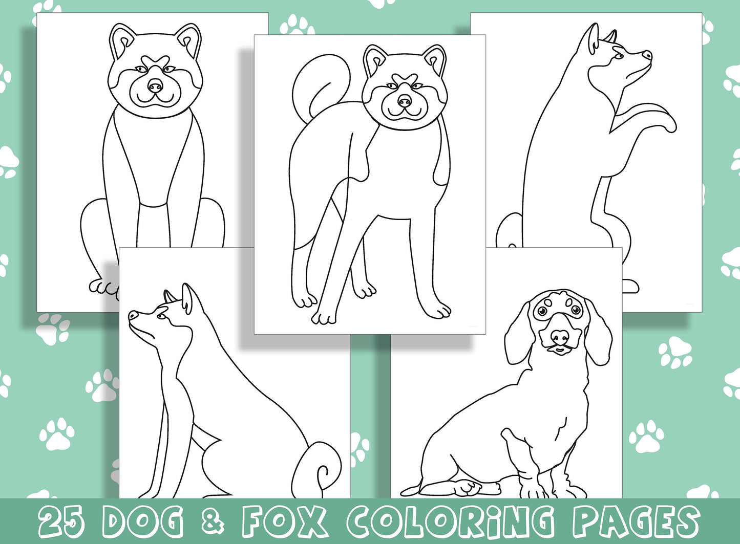 Dog and Fox Coloring Book, Adorable Canines and Cunning Foxes: 25 Coloring Pages for Animal Lovers, PDF File, Instant Download