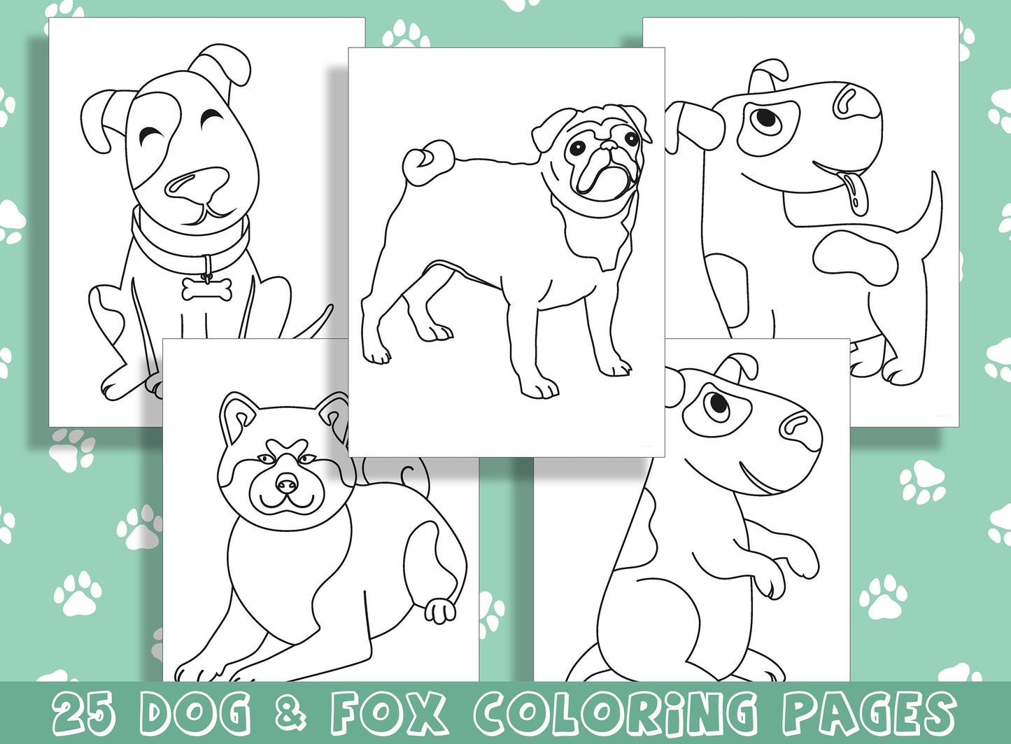 Dog and Fox Coloring Book, Adorable Canines and Cunning Foxes: 25 Coloring Pages for Animal Lovers, PDF File, Instant Download