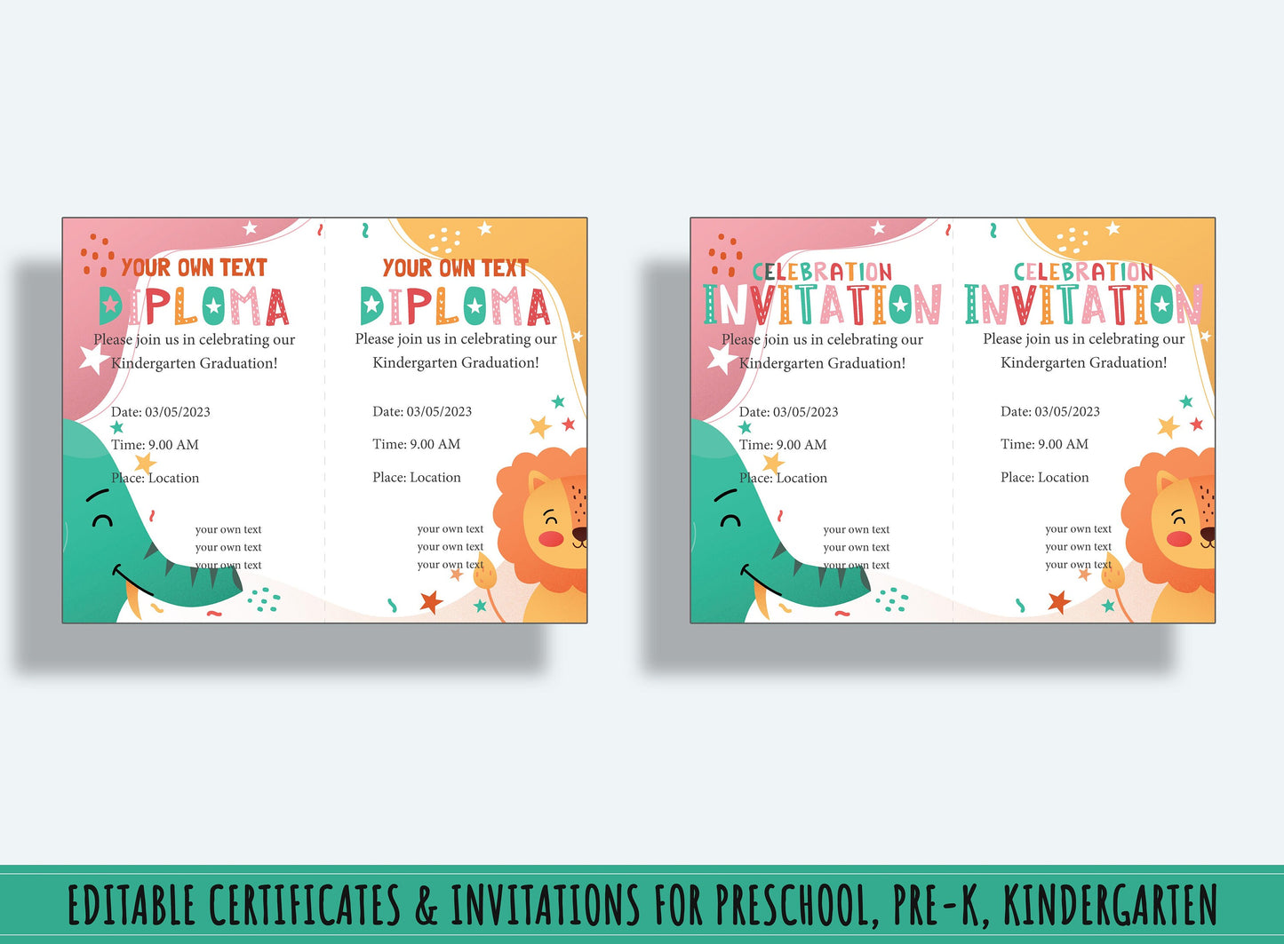 Diploma, Certificate, and Invitation Template for Kids With Animals (Elephant & Lion), 37 Editable Pages, PDF File, Instant Download