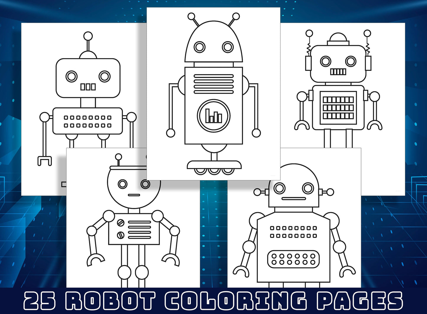 25 Fun Robot Coloring Pages for Preschool and Kindergarten Kids, PDF File, Instant Download