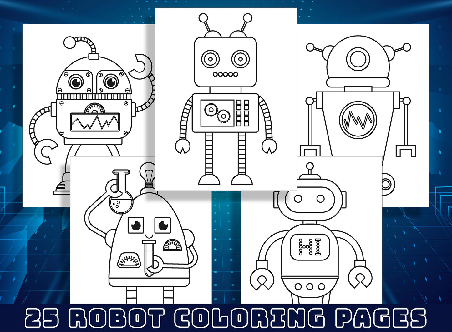 25 Fun Robot Coloring Pages for Preschool and Kindergarten Kids, PDF File, Instant Download