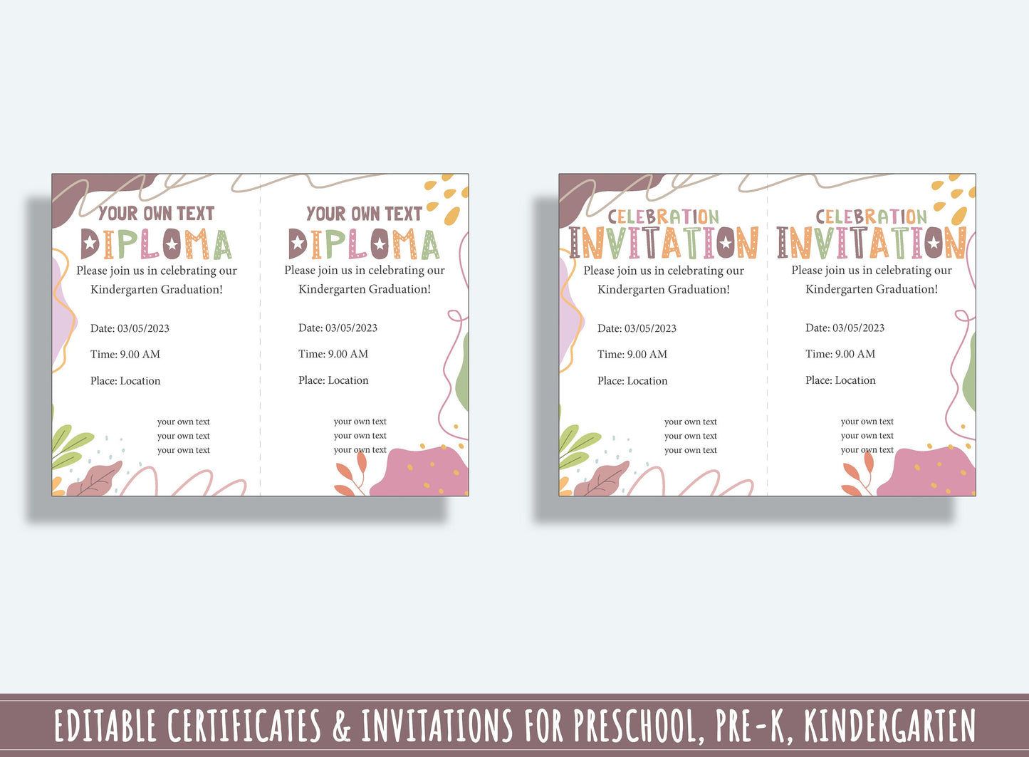 37 Pages of Customizable Diploma, Certificate, and Invitation Templates for Preschool & Kindergarten Graduation, PDF File, Instant Download