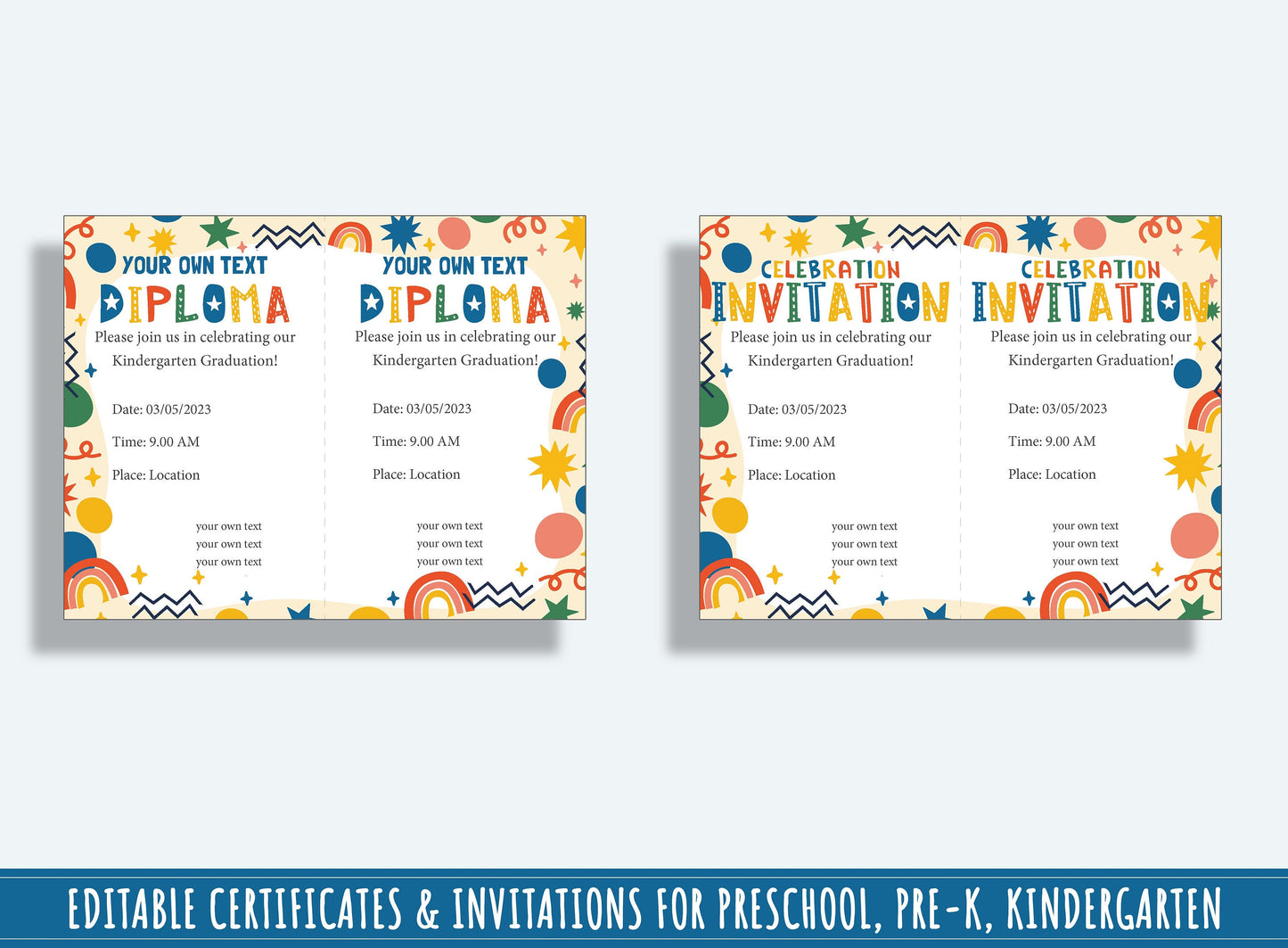 Vibrant Celebrations: 37 Pages of Colorful and Editable Diplomas, Certificates, and Invitations for PreK and K, PDF File, Instant Download