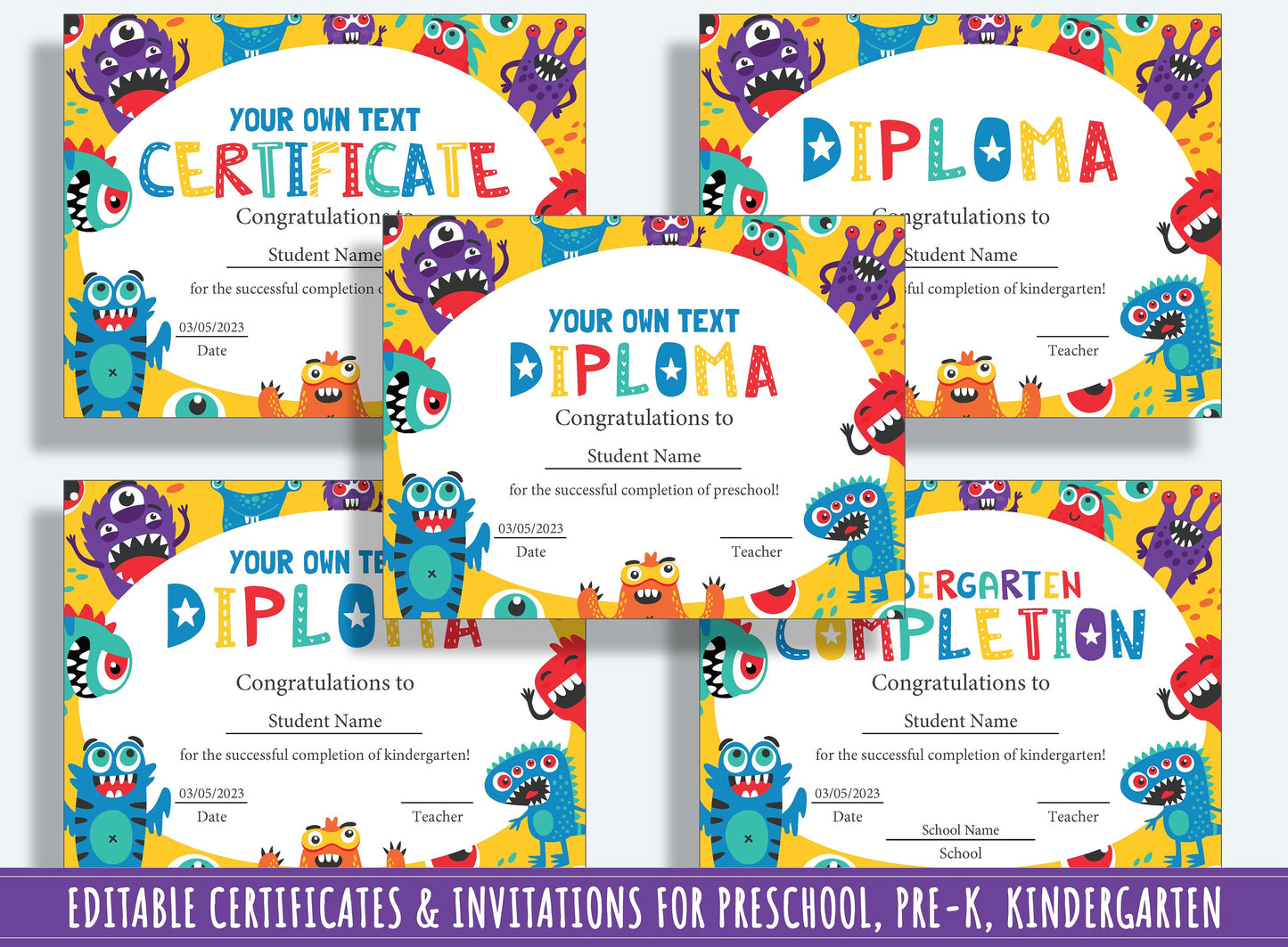 Monstrously Fun Achievements: 37 Pages of Funny Monster-themed Diplomas, Certificates, and Invitations for PreK and K, Instant Download