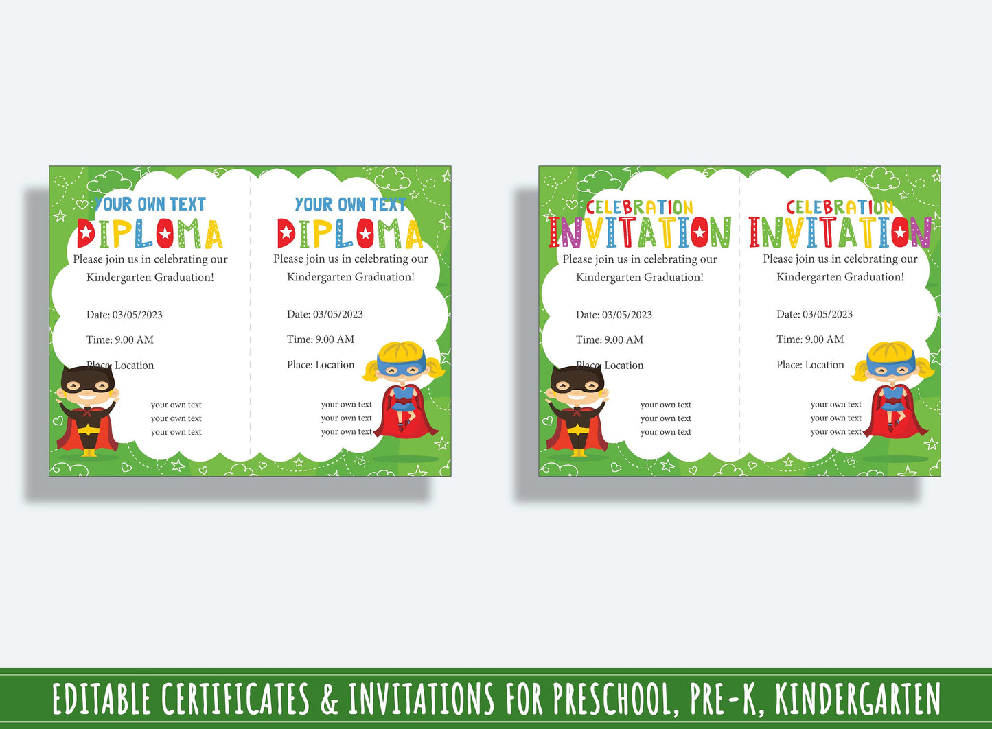 37 Pages of Superhero-themed Diplomas, Certificates, and Invitations for Preschool and Kindergarten, PDF File, Instant Download