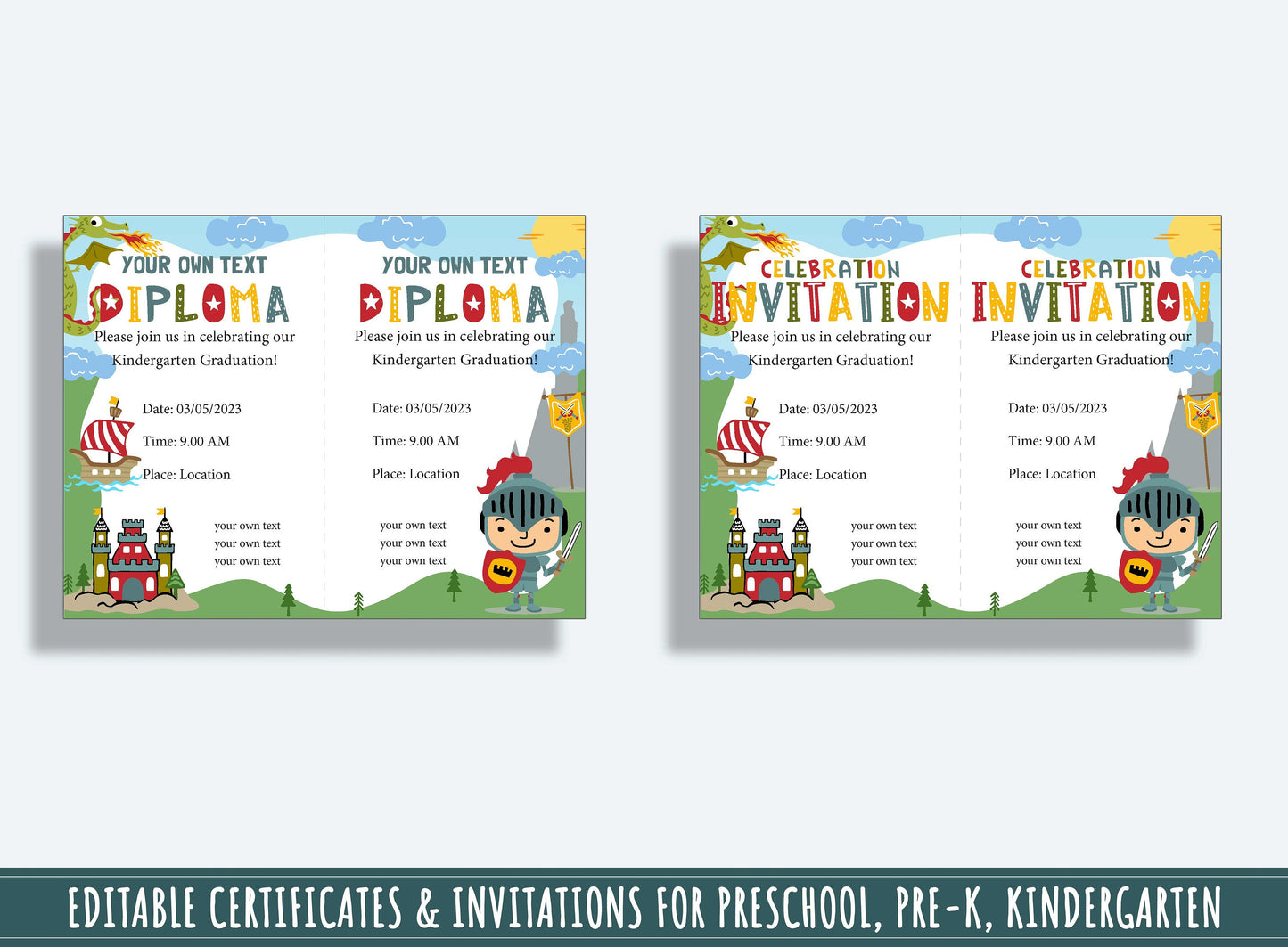 37 Editable Pages of Knight and Dragon-themed Diplomas, Certificates, & Invitations for Preschool, Kindergarten, PDF File, Instant Download