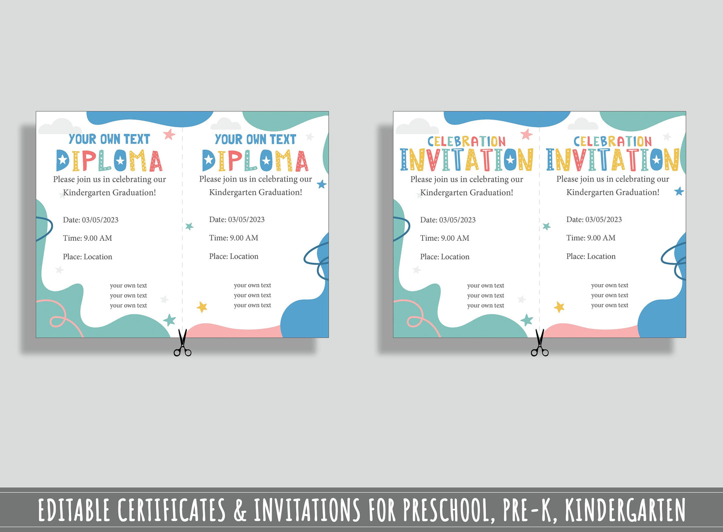 Customizable Preschool, Pre-K, and Kindergarten Graduation Diplomas, Certificates and Invitations Template - 37 PDF Pages, Instant Download