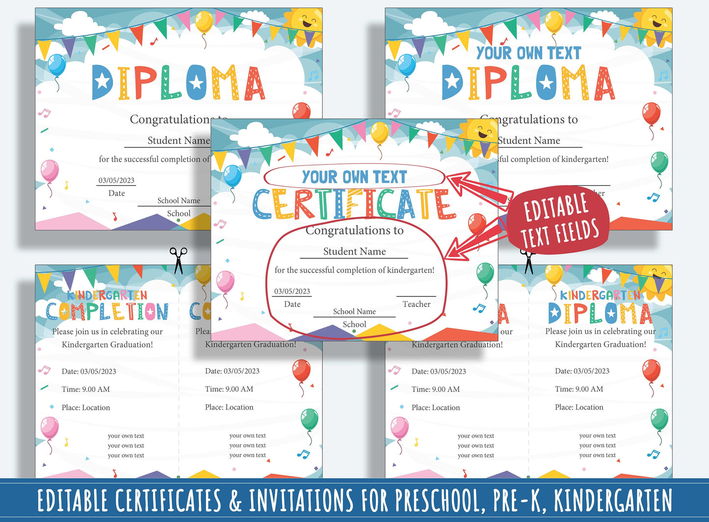 Up, Up, and Away: 37 Editable Pages of Balloon-themed Diplomas, Certificates, and Invitations for Preschool, Kindergarten, Instant Download