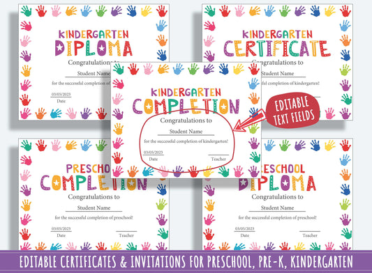 37 Editable Pages of Completions, Diplomas, Certificates, and Invitations for PreK and Kindergarten, PDF File, Instant Download