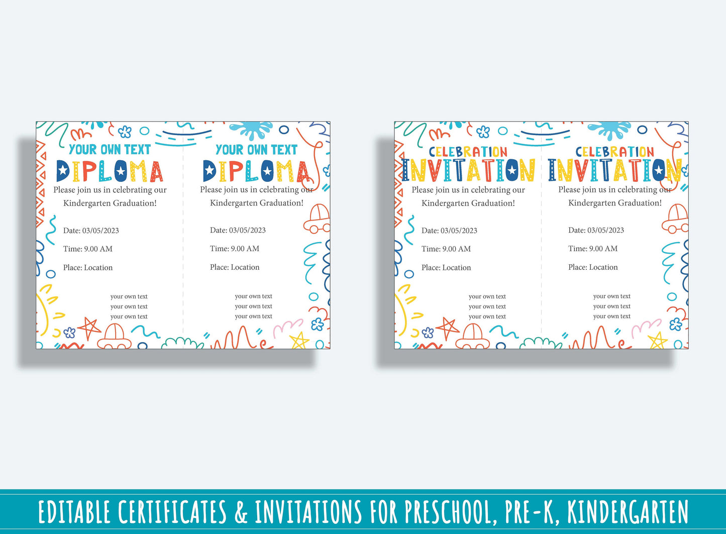 Certificate Template, Editable End of Year Diplomas, Certificates, and Invitations for PreK and K, PDF File, Instant Download