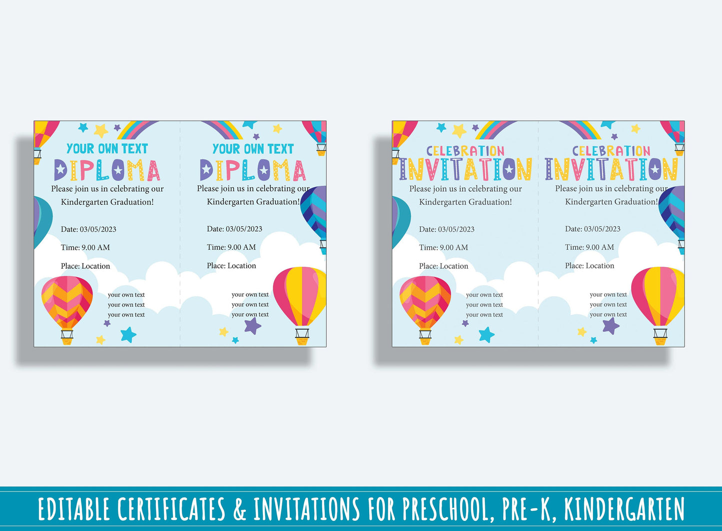 Student Certificates, Editable End of Year Diplomas, Certificates, and Invitations for PreK and K, PDF File, Instant Download
