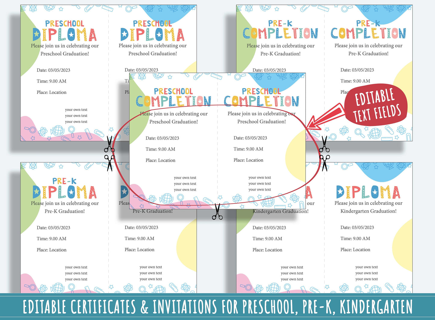 Kindergarten Certificates Completion Diploma and Invitations, Editable, PDF File, Instant Download